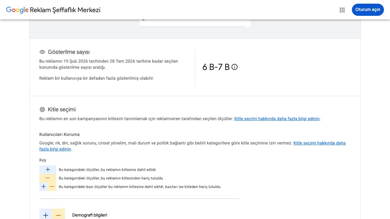 Google reklam ayrıntı sayfasında gösterilme sayısı aralığı ve kitle seçimi bölümü: demografi bilgileri, coğrafi konumlar ve bağlamsal sinyaller