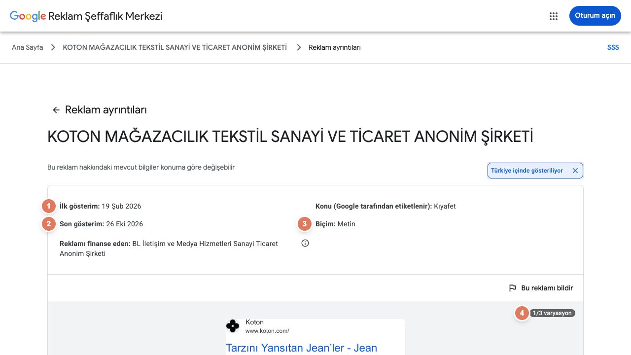 Google reklam ayrıntı sayfası: ilk gösterim, son gösterim, biçim, Google tarafından etiketlenen konu, reklamı finanse eden ve varyasyon sayısı