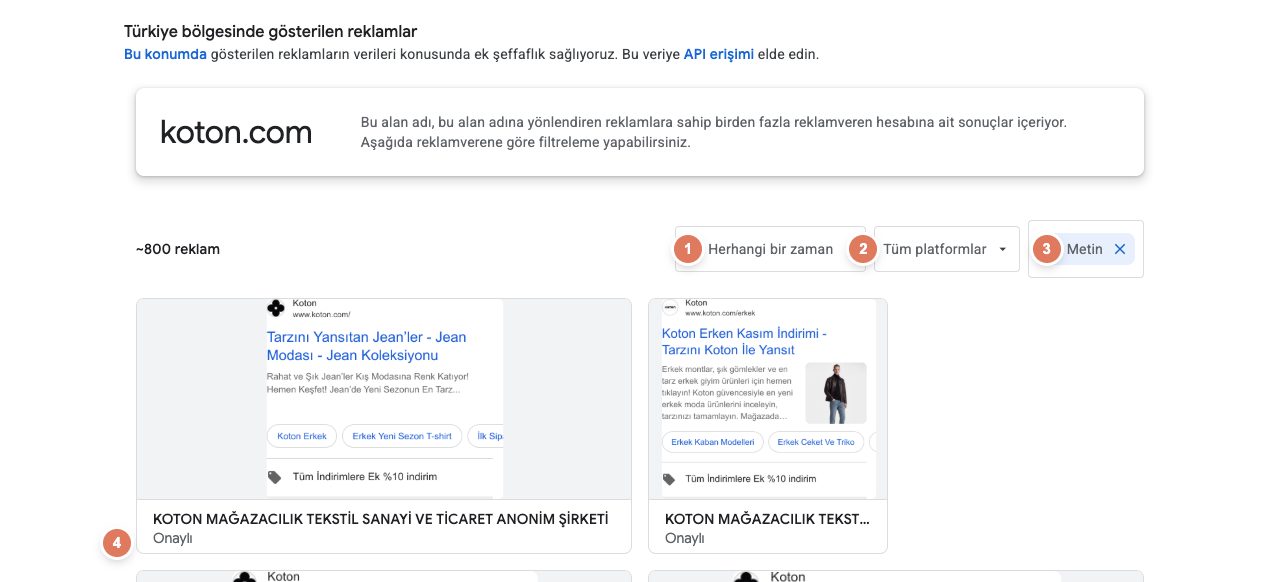 Reklam Şeffaflık Merkezi sonuç sayfası: tarih, platform ve biçim filtreleri ile reklamverenin Onaylı etiketi numaralarla işaretli